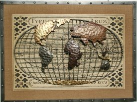Vintage Världskarta Tavla i trä och metall 80 x 60 cm